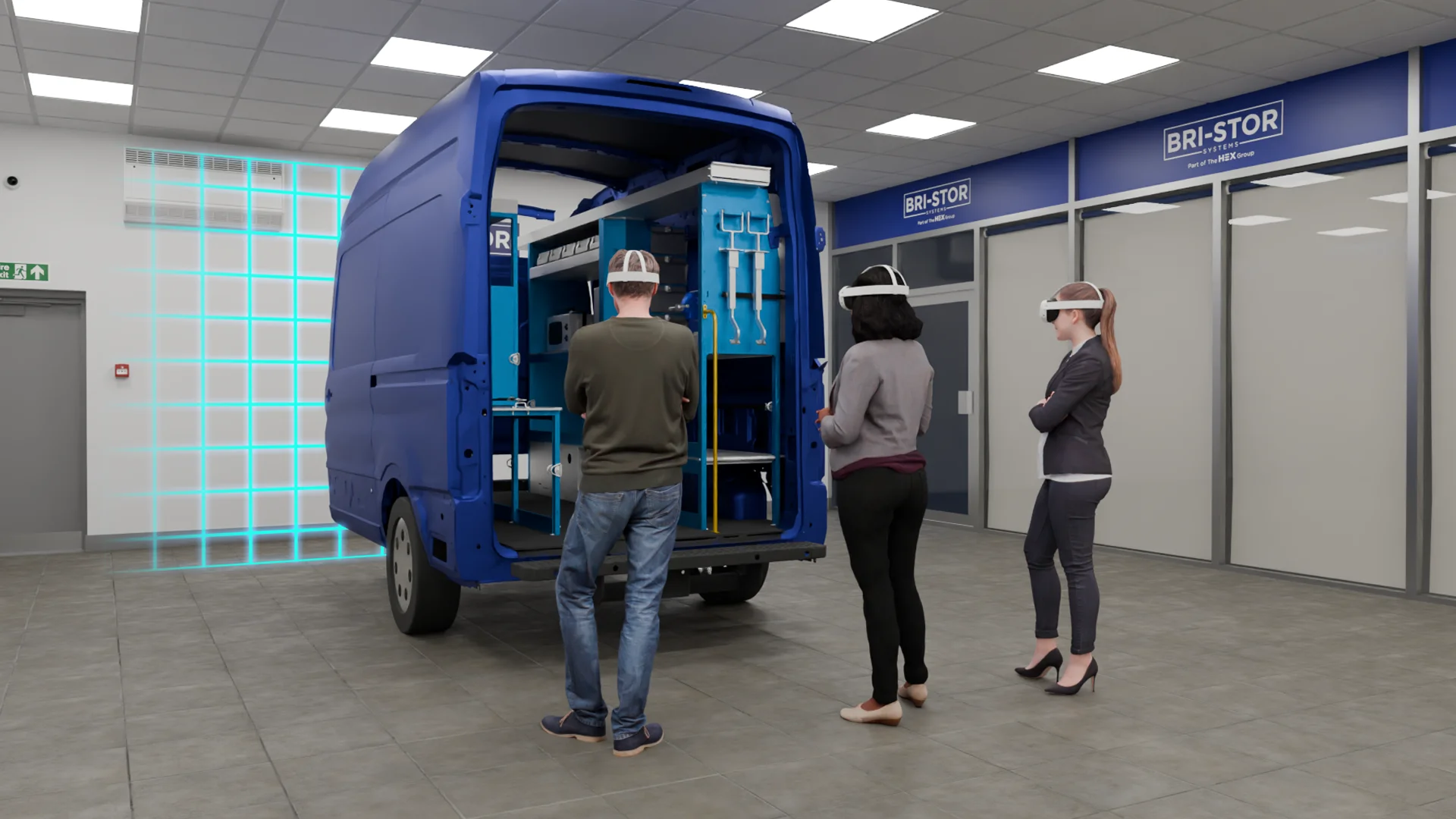 Three people in VR headsets review the CAD designs for a custom vehicle fitout using JoinXR.