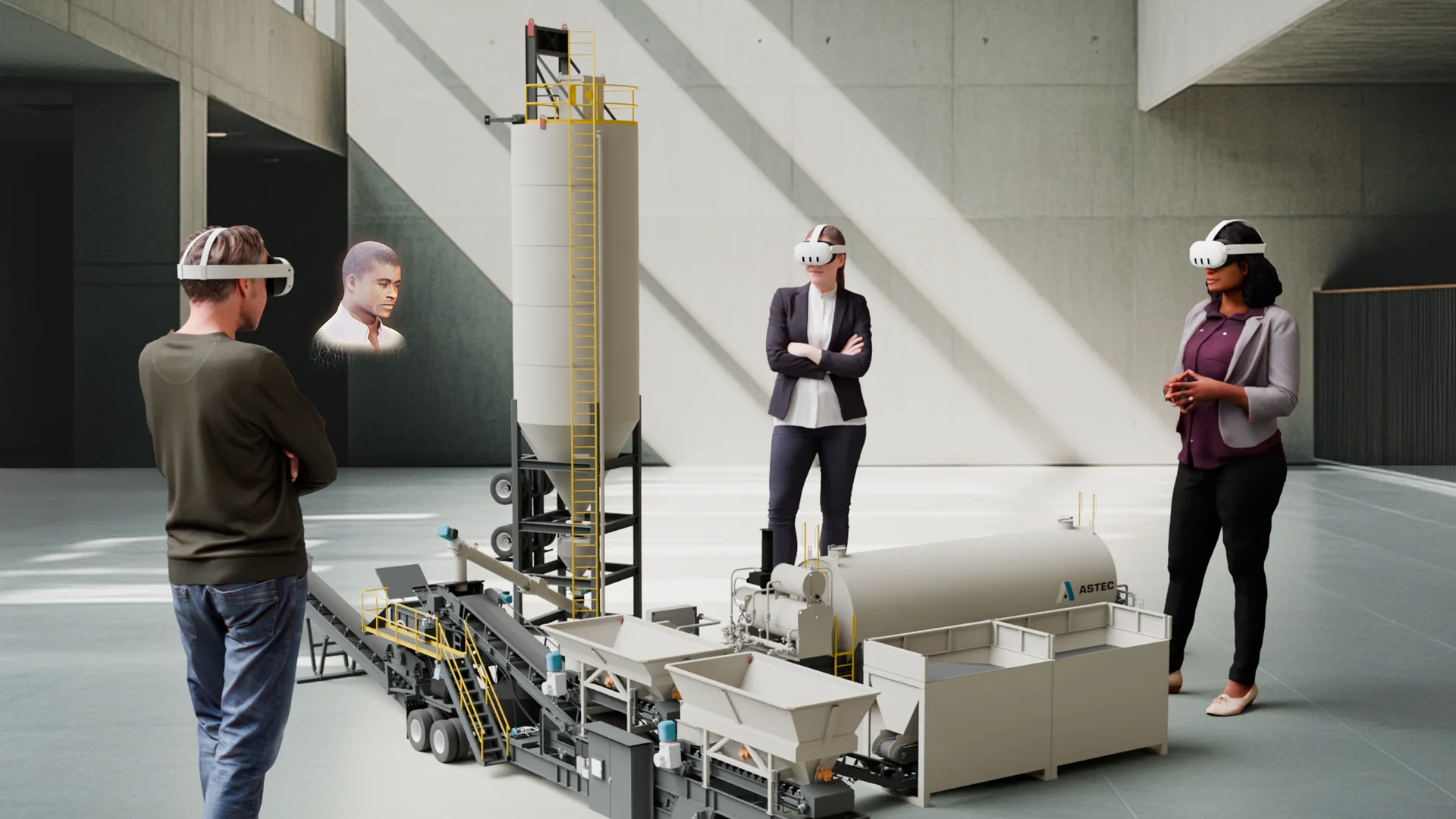 Three people in VR headsets and a remote avatar view the designs for a large piece of road-building equipment using JoinXR.